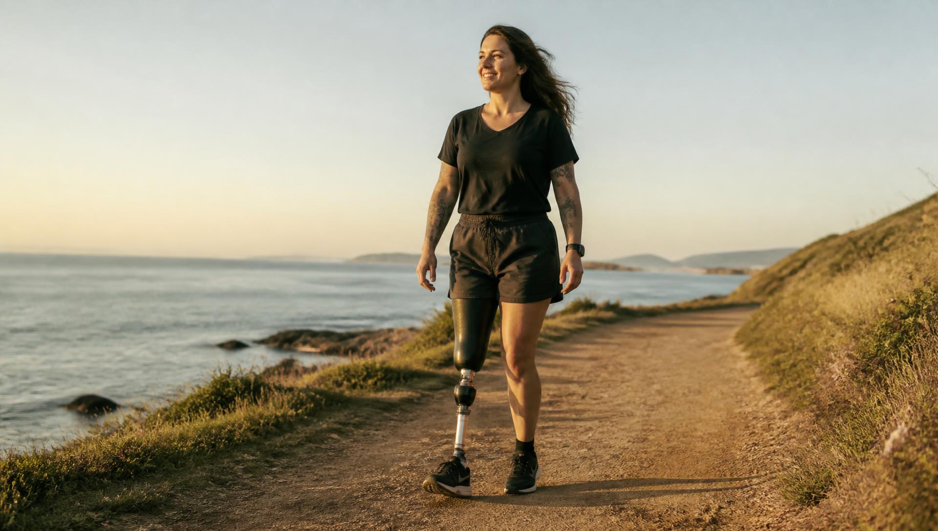 Mujer con prótesis caminando por un sendero abierto junto al mar, con el horizonte despejado